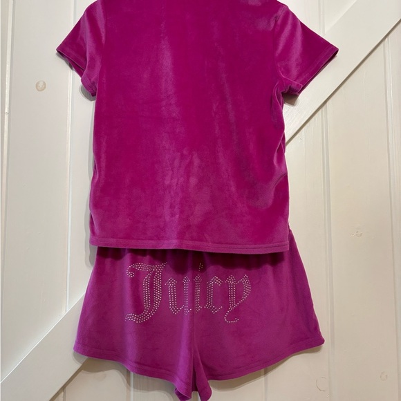 Juicy Couture Magenta Pink Velour Sleepwear Rhinestone Logo Tee Shorts Bling M - Picture 4 of 13